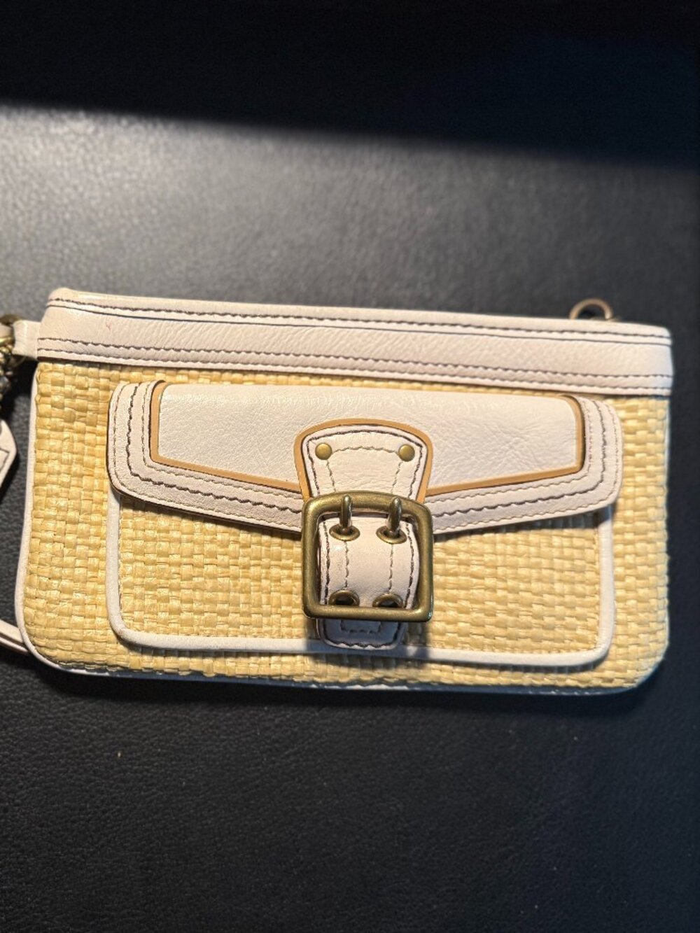 Coach Beige Nature Straw White Leather Trim Buckle Wristlet